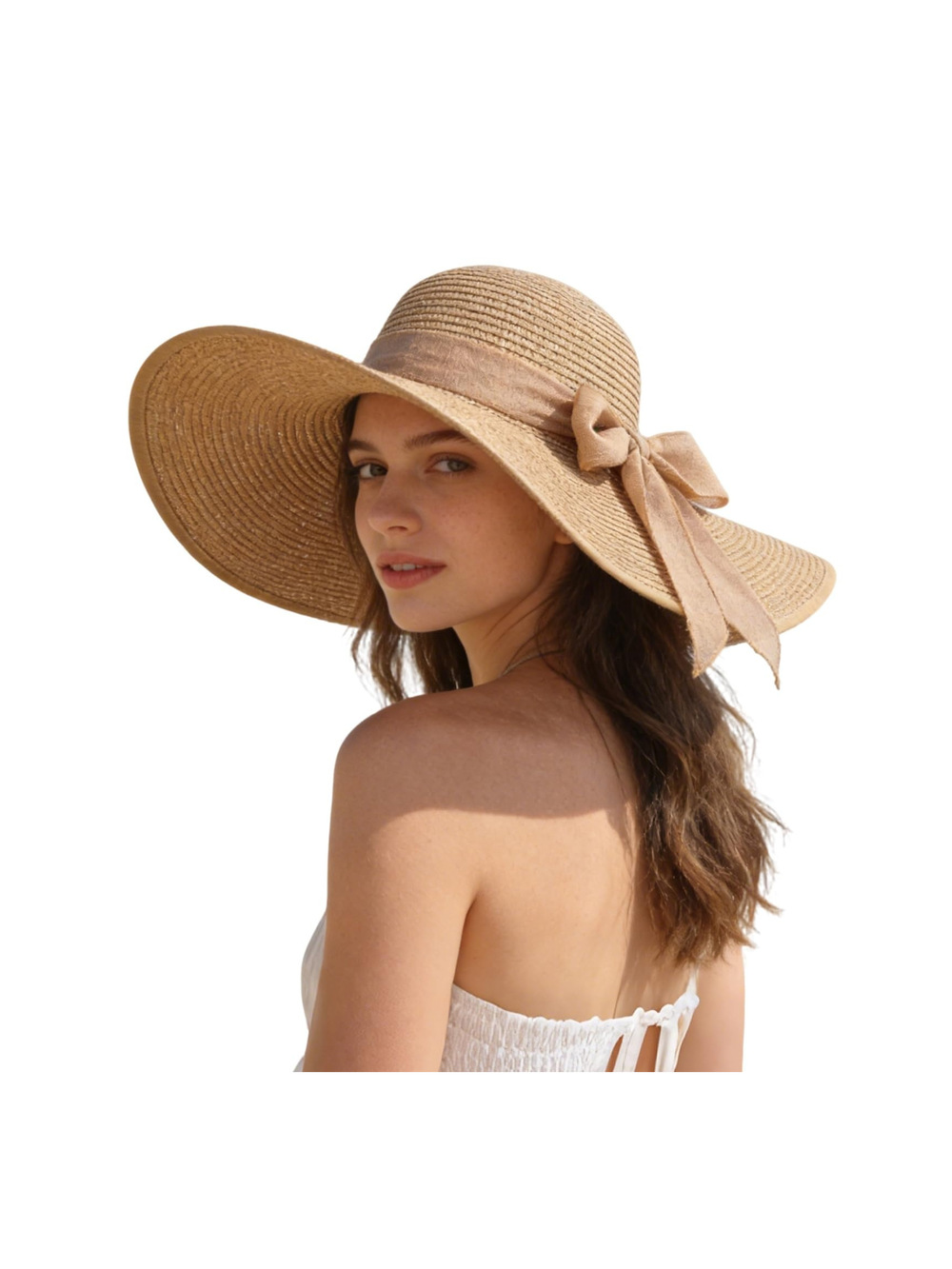 Summer Beach Straw Hats for Women, Wide Brim Sun Hat Foldable | Khaki | Size OS